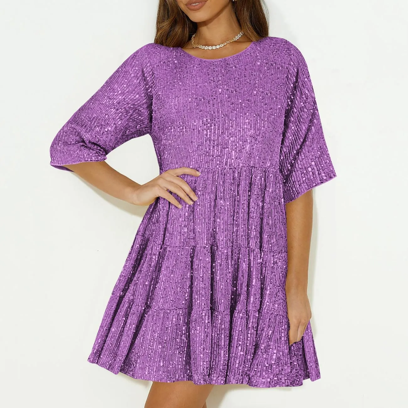 Sequin Babydoll Mini Women Dress,Tiered Ruffle Casual Loose Glitter Party Dress