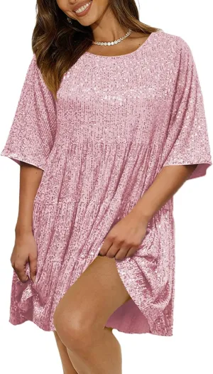Sequin Babydoll Mini Women Dress,Tiered Ruffle Casual Loose Glitter Party Dress