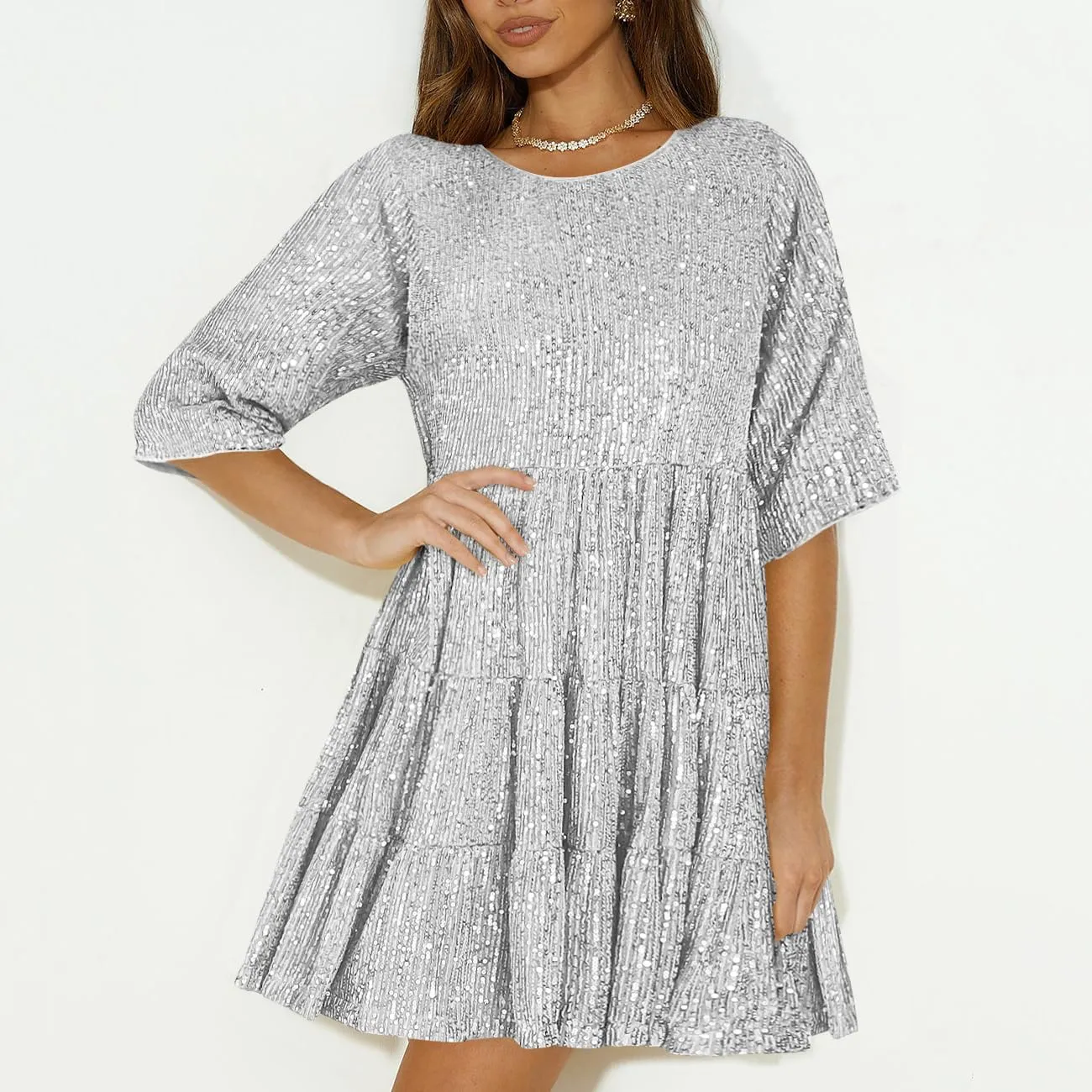 Sequin Babydoll Mini Women Dress,Tiered Ruffle Casual Loose Glitter Party Dress