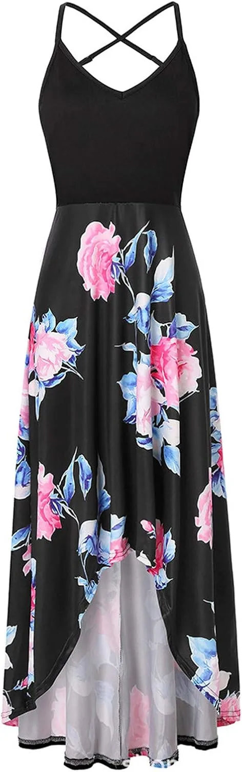 SERYU Women's Summer Sundresses V Neck Casual Sleeveless Asymmetrical Patchwork Floral Maxi Dresses