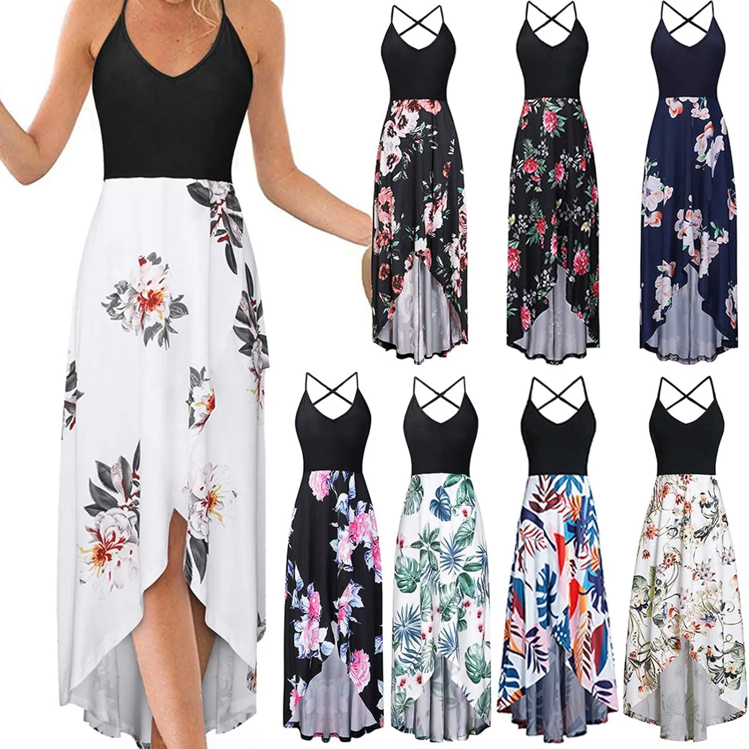 SERYU Women's Summer Sundresses V Neck Casual Sleeveless Asymmetrical Patchwork Floral Maxi Dresses