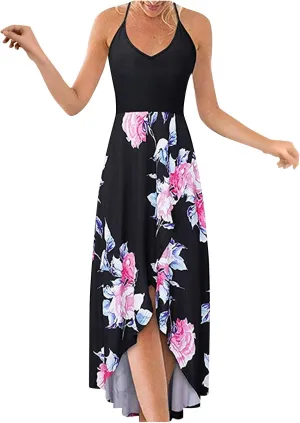 SERYU Women's Summer Sundresses V Neck Casual Sleeveless Asymmetrical Patchwork Floral Maxi Dresses