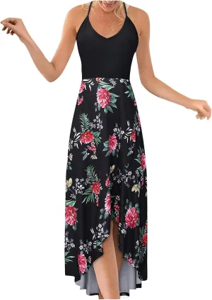 SERYU Women's Summer Sundresses V Neck Casual Sleeveless Asymmetrical Patchwork Floral Maxi Dresses