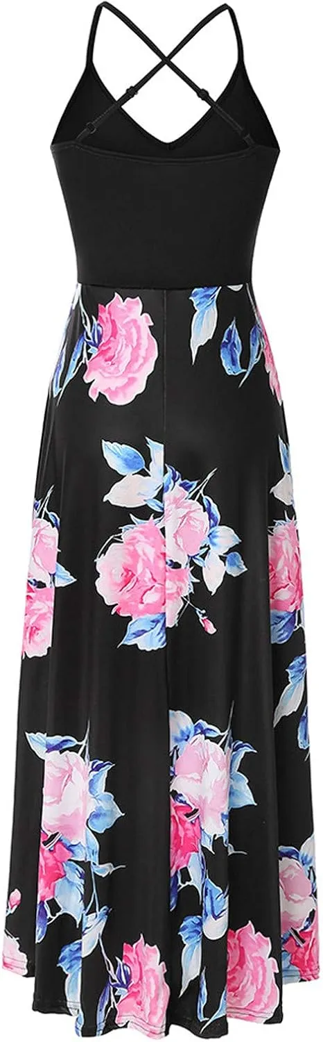 SERYU Women's Summer Sundresses V Neck Casual Sleeveless Asymmetrical Patchwork Floral Maxi Dresses