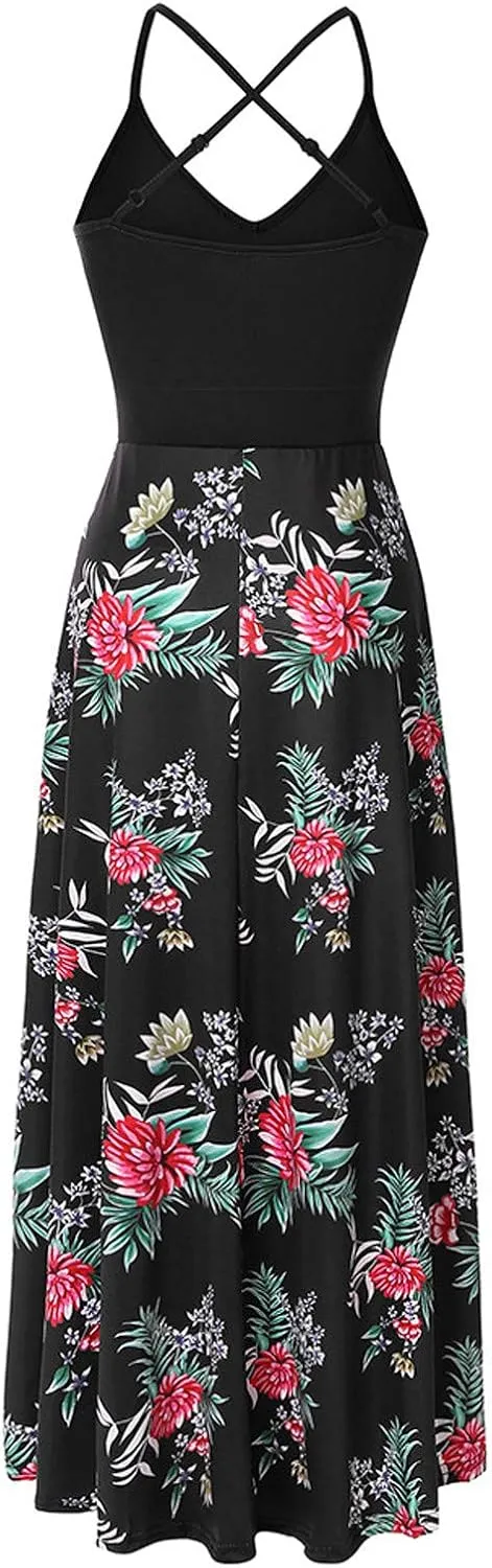 SERYU Women's Summer Sundresses V Neck Casual Sleeveless Asymmetrical Patchwork Floral Maxi Dresses