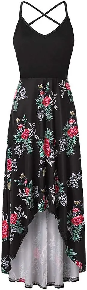SERYU Women's Summer Sundresses V Neck Casual Sleeveless Asymmetrical Patchwork Floral Maxi Dresses