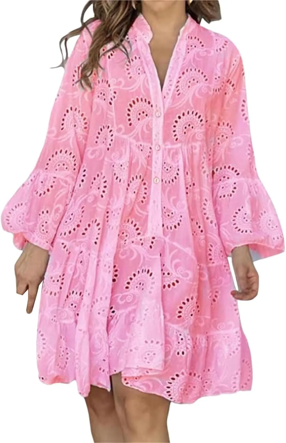 Short Dresses for Women Casual Summer Mini Dress Crochet Plus Size Button Down V Neck Dress T Shirt Beach Sundress