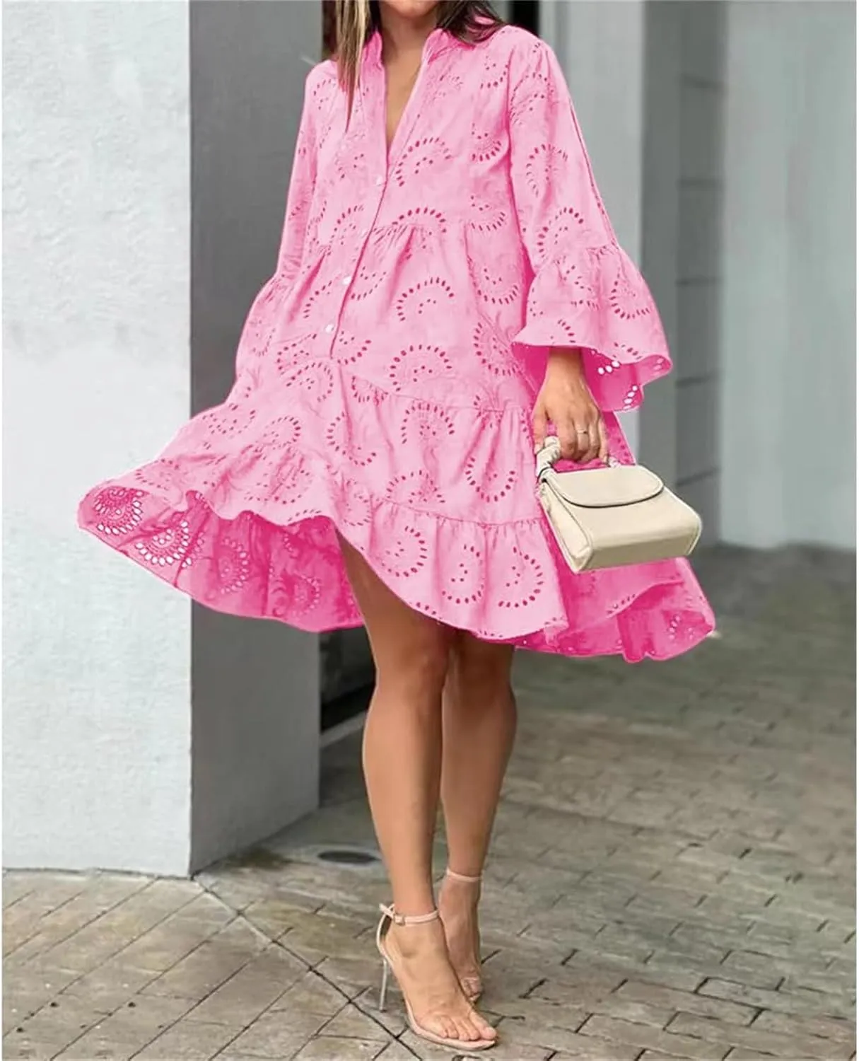 Short Dresses for Women Casual Summer Mini Dress Crochet Plus Size Button Down V Neck Dress T Shirt Beach Sundress