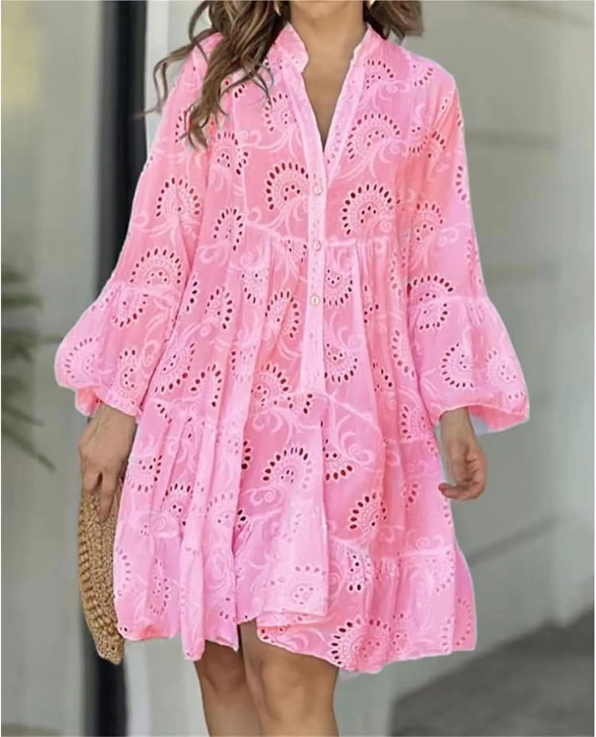 Short Dresses for Women Casual Summer Mini Dress Crochet Plus Size Button Down V Neck Dress T Shirt Beach Sundress
