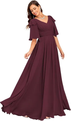 Short Sleeve Bridesmaid Dress for Women 2025 Flowy A-Line Pleated Mother of The Bride Dresses with Slit