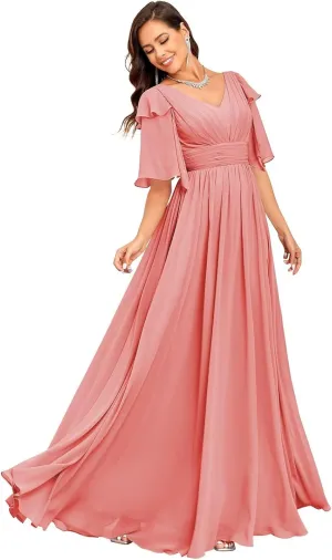 Short Sleeve Bridesmaid Dress for Women 2025 Flowy A-Line Pleated Mother of The Bride Dresses with Slit