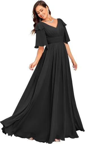 Short Sleeve Bridesmaid Dress for Women 2025 Flowy A-Line Pleated Mother of The Bride Dresses with Slit