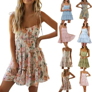 Short Sundresses for Women 2025 Summer Spaghetti Strap Backless Ditsy Floral Dress Summer Tiered Ruffle Mini Dress