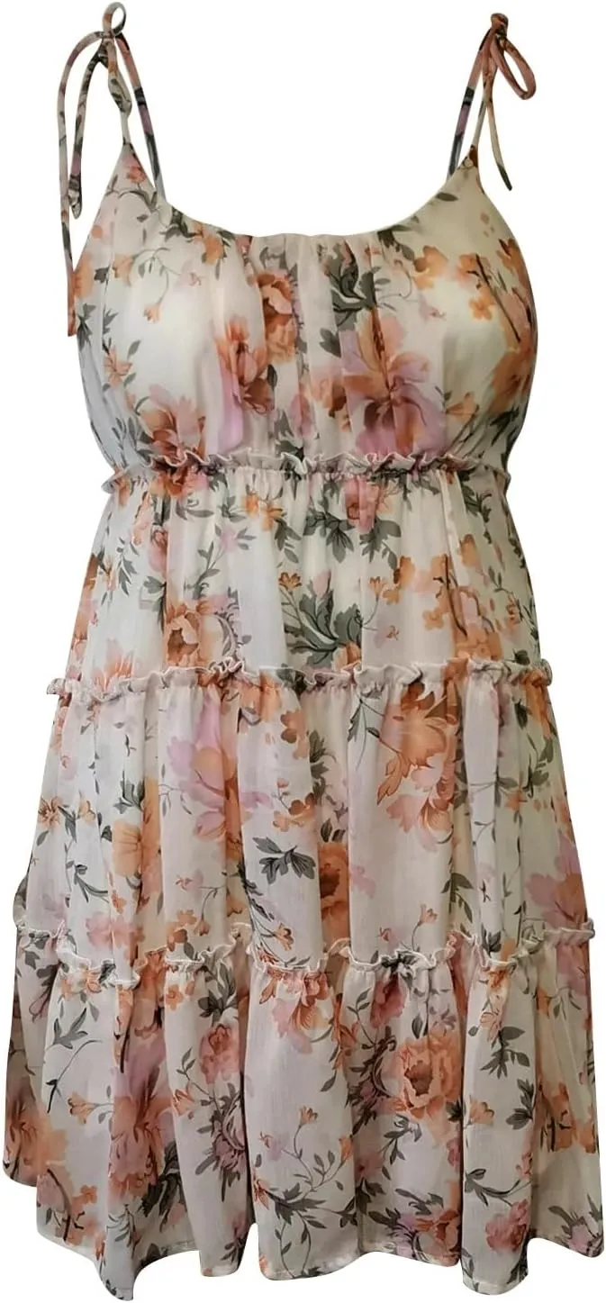 Short Sundresses for Women 2025 Summer Spaghetti Strap Backless Ditsy Floral Dress Summer Tiered Ruffle Mini Dress