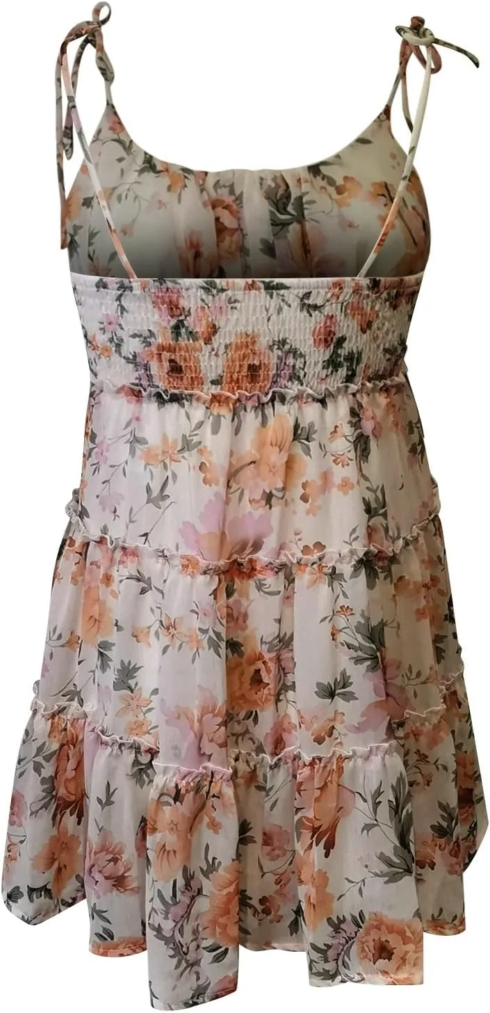 Short Sundresses for Women 2025 Summer Spaghetti Strap Backless Ditsy Floral Dress Summer Tiered Ruffle Mini Dress