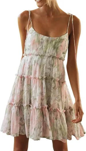 Short Sundresses for Women 2025 Summer Spaghetti Strap Backless Ditsy Floral Dress Summer Tiered Ruffle Mini Dress