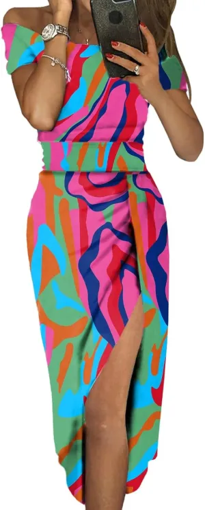 Sidefeel Women's Casual Off The Shoulder Floral Print Ruched High Slit Bodycon Evening Party Dress