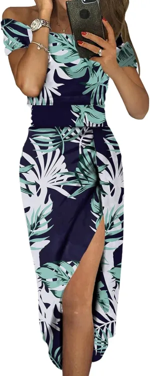Sidefeel Women's Casual Off The Shoulder Floral Print Ruched High Slit Bodycon Evening Party Dress