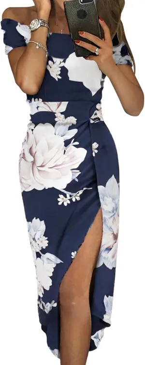 Sidefeel Women's Casual Off The Shoulder Floral Print Ruched High Slit Bodycon Evening Party Dress
