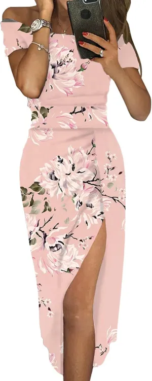 Sidefeel Women's Casual Off The Shoulder Floral Print Ruched High Slit Bodycon Evening Party Dress