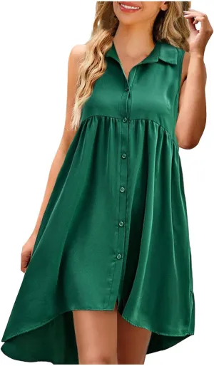 Sleeveless Short Tshirt Dress Women Fashion Button Down Mini Dresses Flowy Loose Fit V Neck Pleated A-Line Dresses