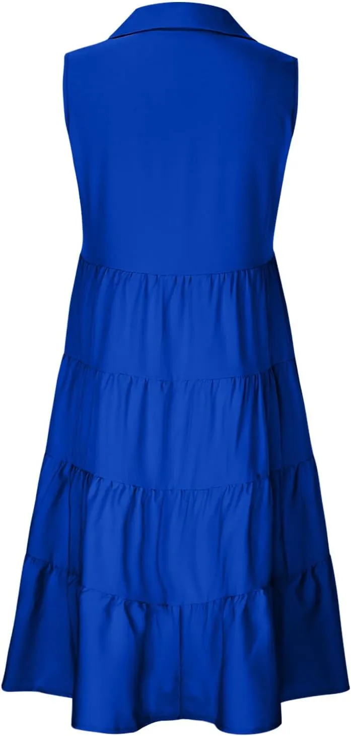 Sleeveless Short Tshirt Dress Women Fashion Button Down Mini Dresses Flowy Loose Fit V Neck Pleated A-Line Dresses