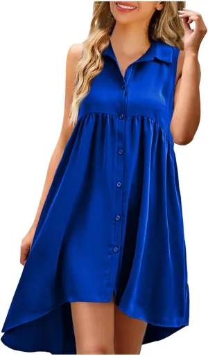 Sleeveless Short Tshirt Dress Women Fashion Button Down Mini Dresses Flowy Loose Fit V Neck Pleated A-Line Dresses