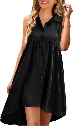 Sleeveless Short Tshirt Dress Women Fashion Button Down Mini Dresses Flowy Loose Fit V Neck Pleated A-Line Dresses