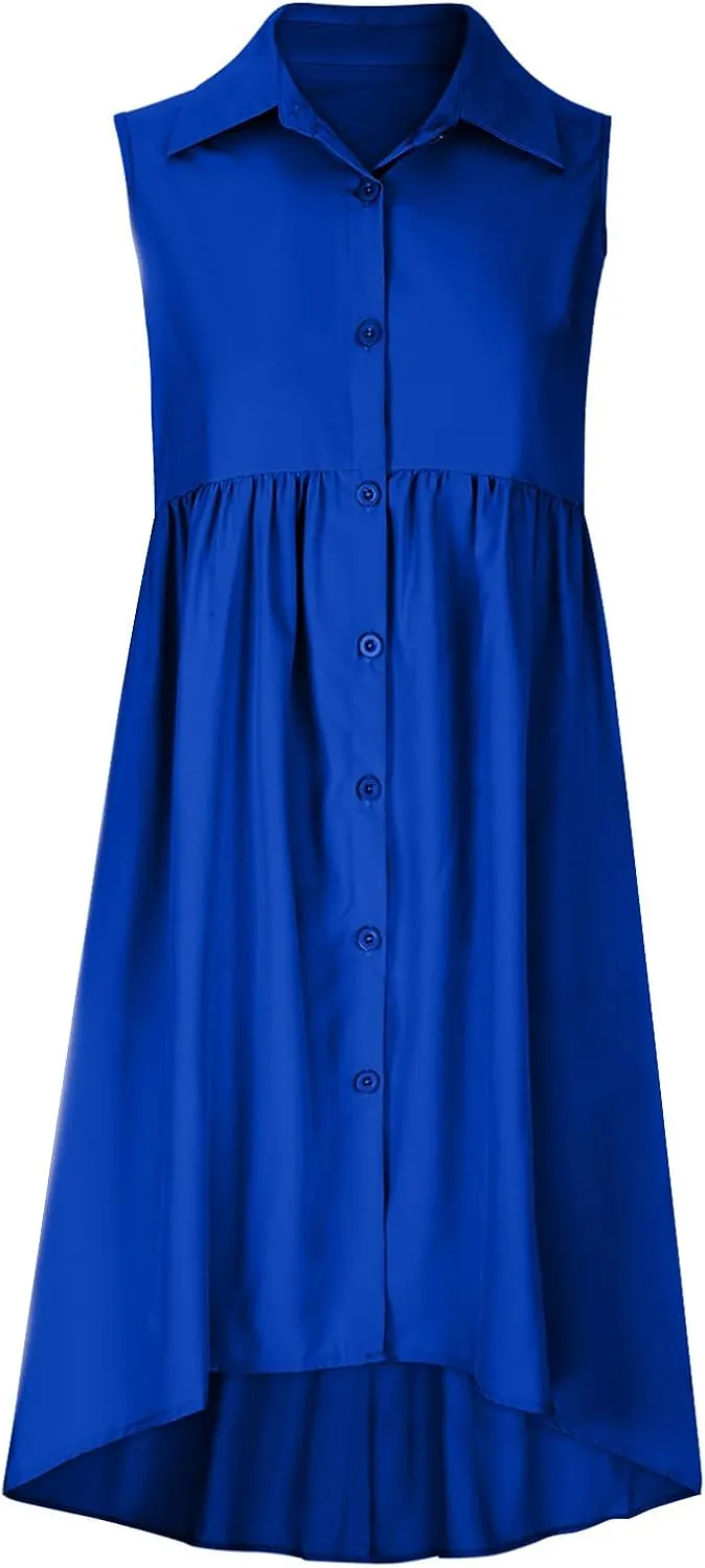 Sleeveless Short Tshirt Dress Women Fashion Button Down Mini Dresses Flowy Loose Fit V Neck Pleated A-Line Dresses