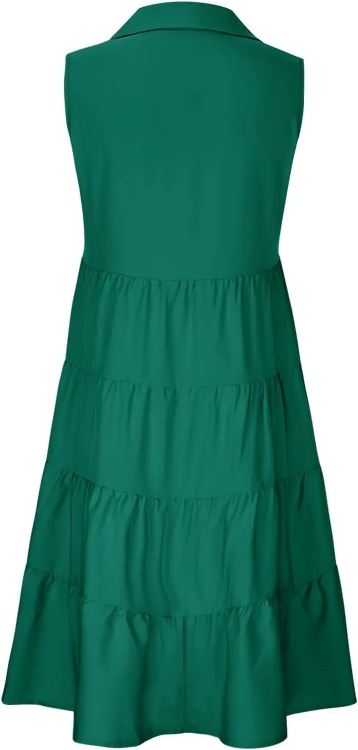 Sleeveless Short Tshirt Dress Women Fashion Button Down Mini Dresses Flowy Loose Fit V Neck Pleated A-Line Dresses