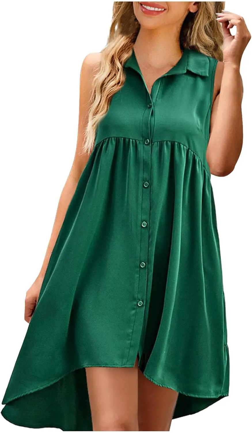 Sleeveless Short Tshirt Dress Women Fashion Button Down Mini Dresses Flowy Loose Fit V Neck Pleated A-Line Dresses