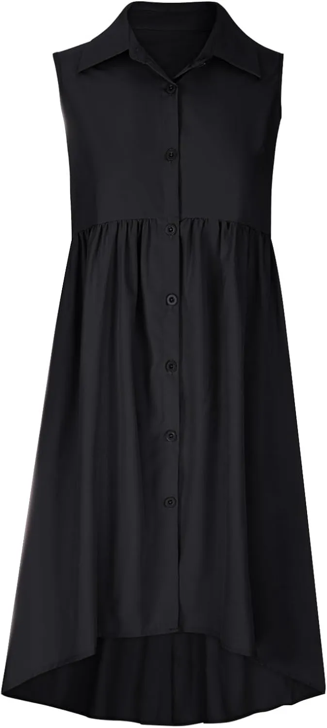 Sleeveless Short Tshirt Dress Women Fashion Button Down Mini Dresses Flowy Loose Fit V Neck Pleated A-Line Dresses