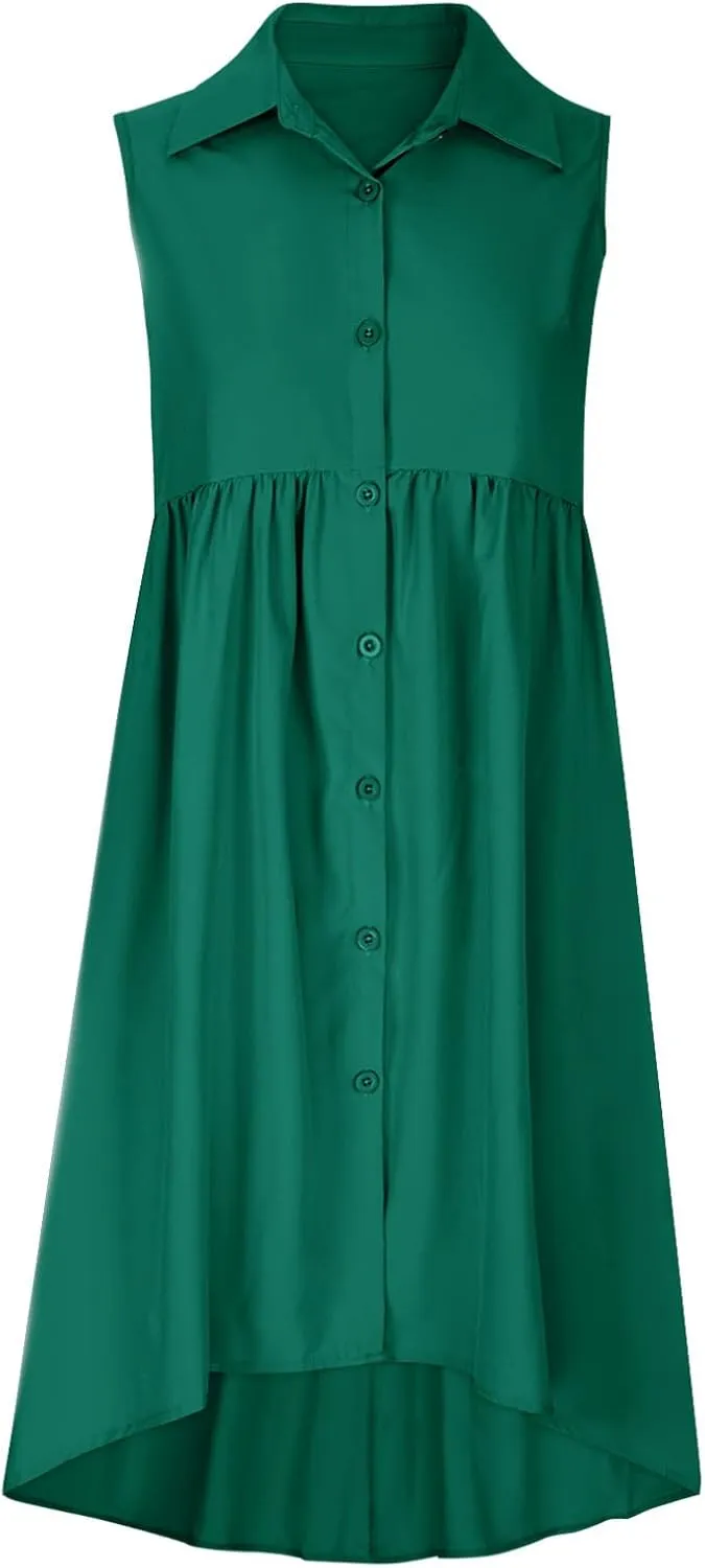Sleeveless Short Tshirt Dress Women Fashion Button Down Mini Dresses Flowy Loose Fit V Neck Pleated A-Line Dresses