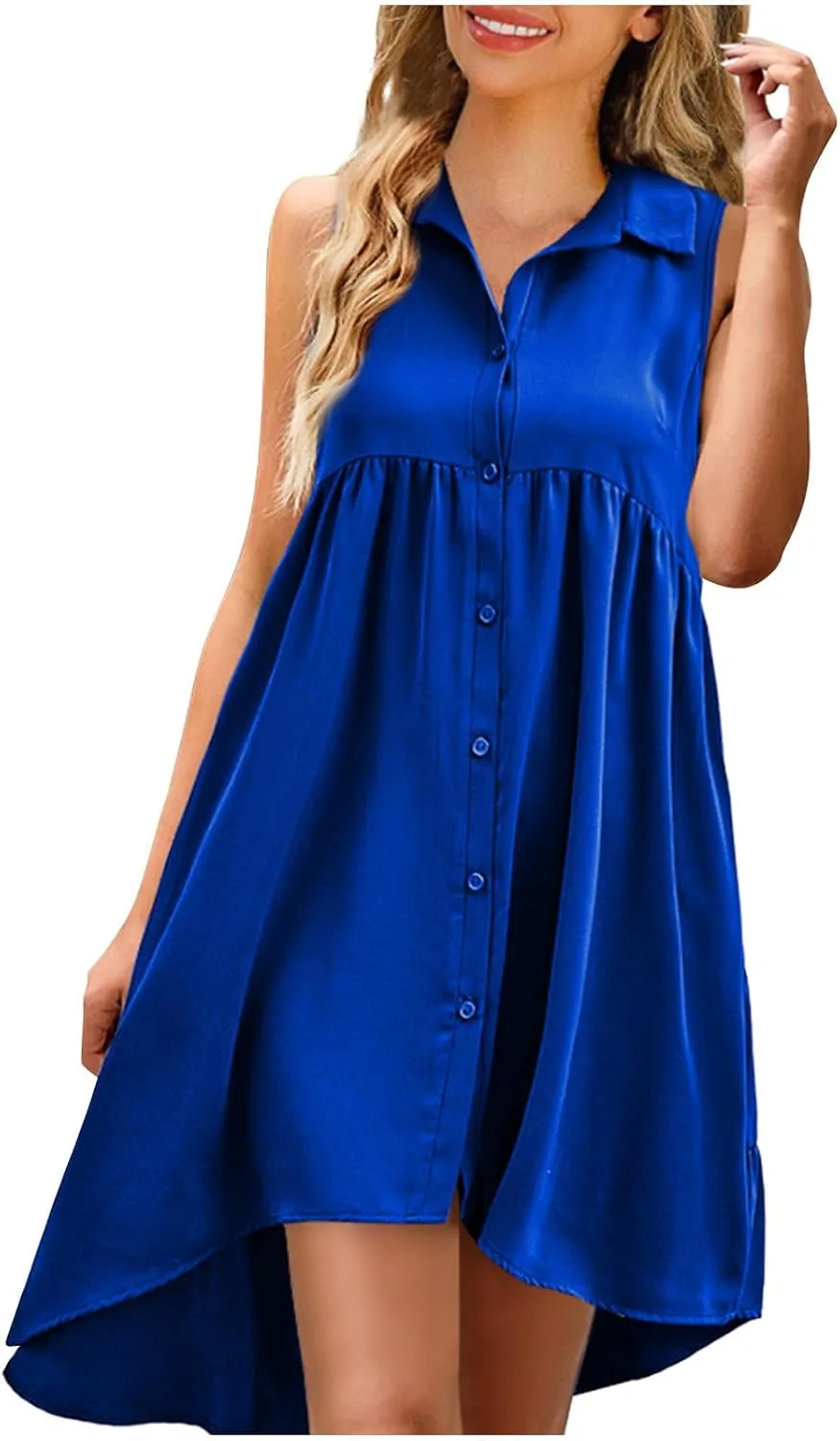 Sleeveless Short Tshirt Dress Women Fashion Button Down Mini Dresses Flowy Loose Fit V Neck Pleated A-Line Dresses