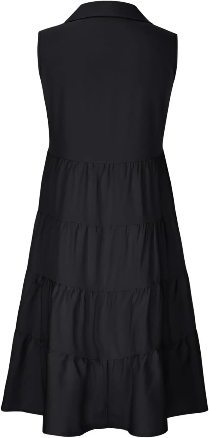Sleeveless Short Tshirt Dress Women Fashion Button Down Mini Dresses Flowy Loose Fit V Neck Pleated A-Line Dresses