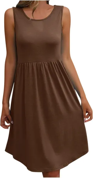 Sleeveless Summer Dress for Women 2025 Casual Round Neck Ruffle Swing Dresses Beach Sun Mini Tank Short Sundresses