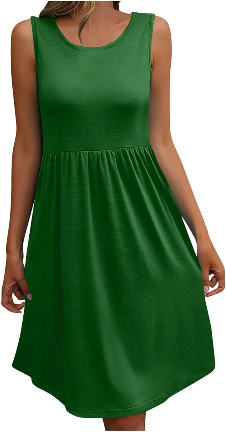 Sleeveless Summer Dress for Women 2025 Casual Round Neck Ruffle Swing Dresses Beach Sun Mini Tank Short Sundresses