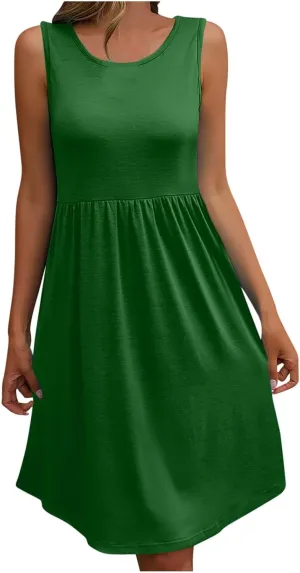 Sleeveless Summer Dress for Women 2025 Casual Round Neck Ruffle Swing Dresses Beach Sun Mini Tank Short Sundresses