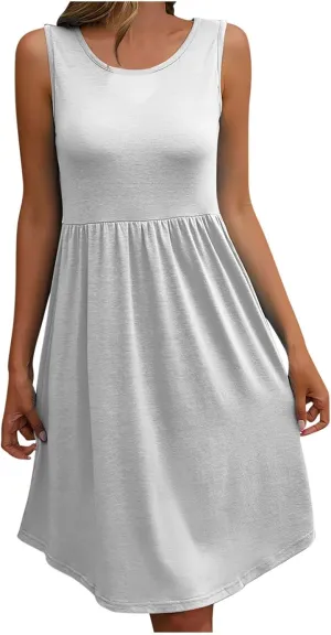 Sleeveless Summer Dress for Women 2025 Casual Round Neck Ruffle Swing Dresses Beach Sun Mini Tank Short Sundresses