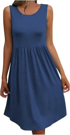 Sleeveless Summer Dress for Women 2025 Casual Round Neck Ruffle Swing Dresses Beach Sun Mini Tank Short Sundresses