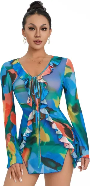 SOLILOQUY Women Sexy Cut Out Bodycon Mini Dress Long Flare Sleeve Ruffle Low Cut Neckline Tie Front Sheer Mesh Beach Dress