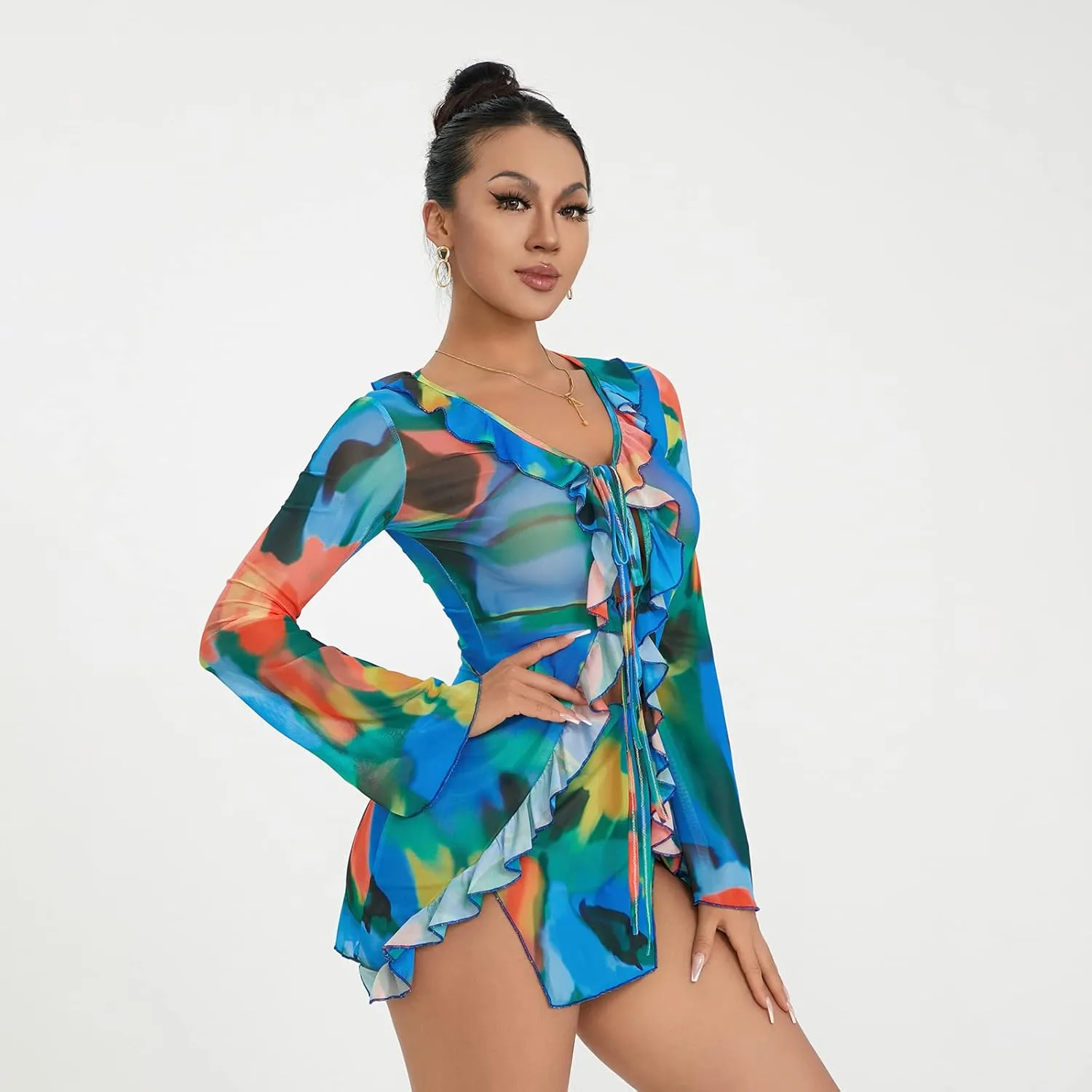 SOLILOQUY Women Sexy Cut Out Bodycon Mini Dress Long Flare Sleeve Ruffle Low Cut Neckline Tie Front Sheer Mesh Beach Dress