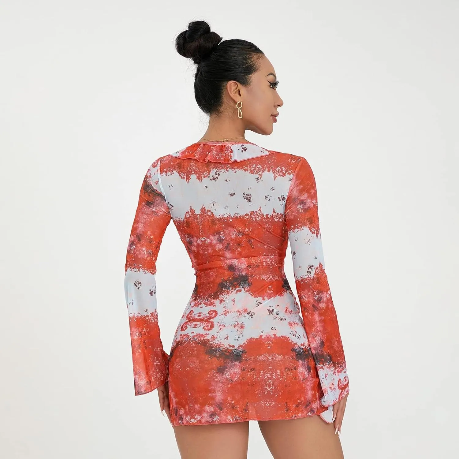 SOLILOQUY Women Sexy Cut Out Bodycon Mini Dress Long Flare Sleeve Ruffle Low Cut Neckline Tie Front Sheer Mesh Beach Dress