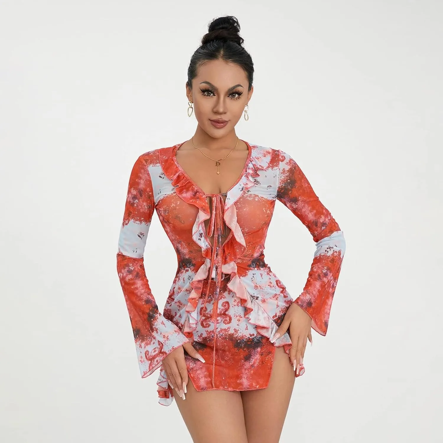 SOLILOQUY Women Sexy Cut Out Bodycon Mini Dress Long Flare Sleeve Ruffle Low Cut Neckline Tie Front Sheer Mesh Beach Dress