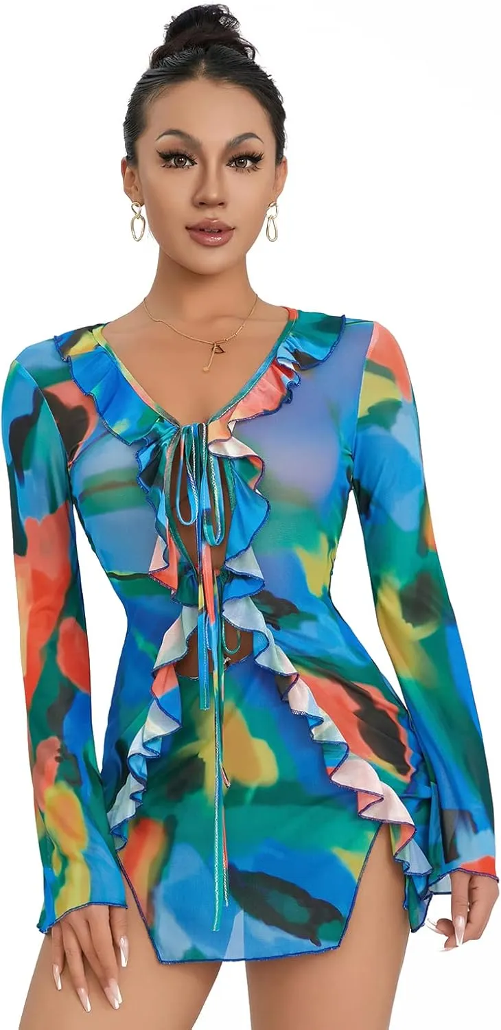 SOLILOQUY Women Sexy Cut Out Bodycon Mini Dress Long Flare Sleeve Ruffle Low Cut Neckline Tie Front Sheer Mesh Beach Dress