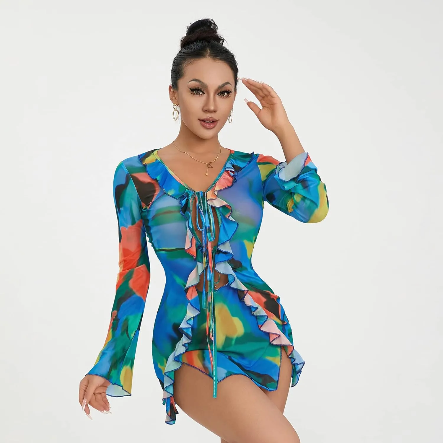 SOLILOQUY Women Sexy Cut Out Bodycon Mini Dress Long Flare Sleeve Ruffle Low Cut Neckline Tie Front Sheer Mesh Beach Dress