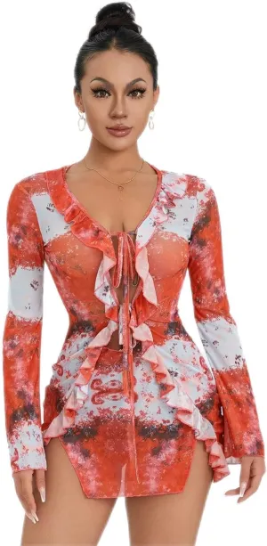 SOLILOQUY Women Sexy Cut Out Bodycon Mini Dress Long Flare Sleeve Ruffle Low Cut Neckline Tie Front Sheer Mesh Beach Dress