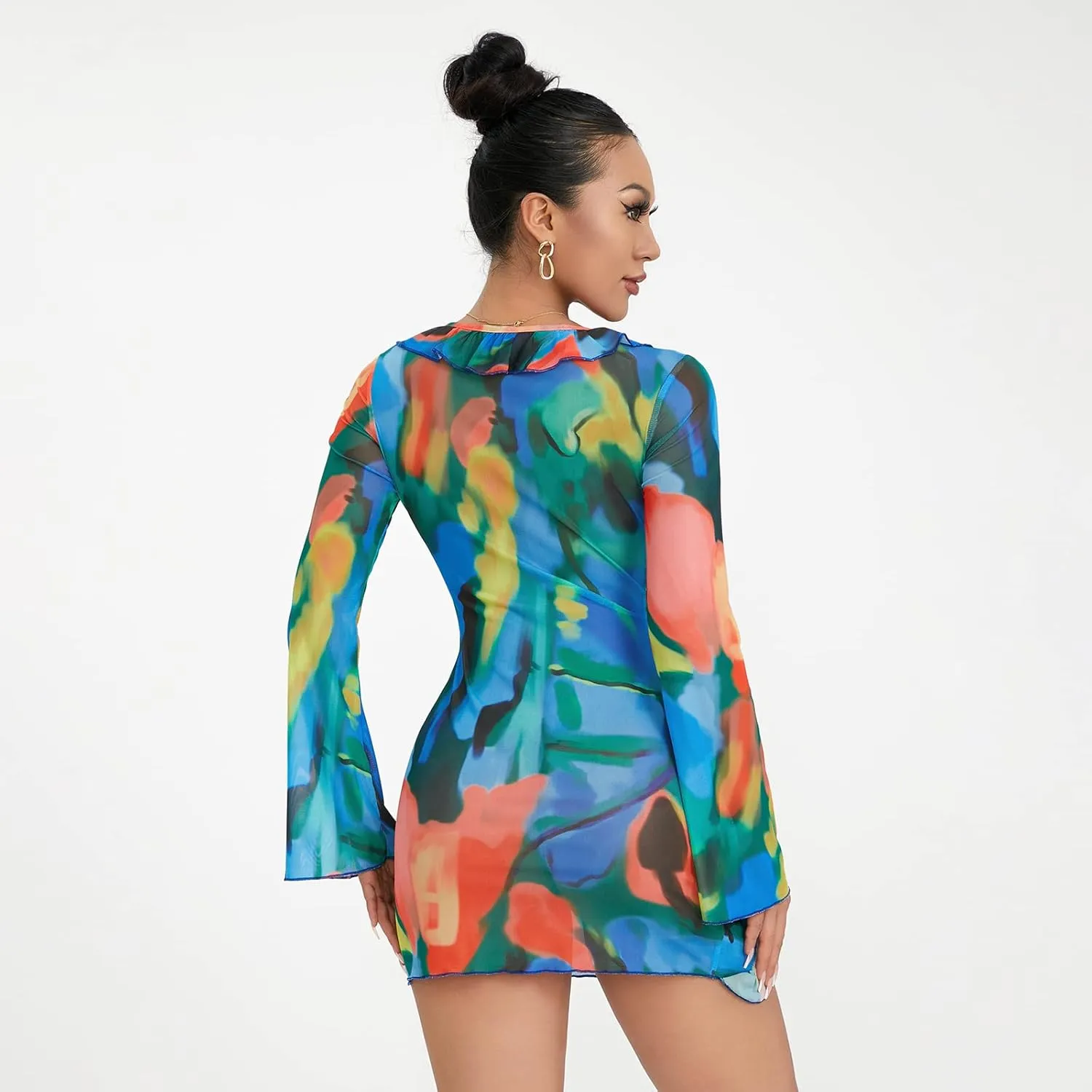 SOLILOQUY Women Sexy Cut Out Bodycon Mini Dress Long Flare Sleeve Ruffle Low Cut Neckline Tie Front Sheer Mesh Beach Dress