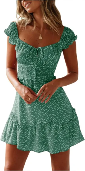 SOMTHRON Women's Summer Sweetheart Neckline Mini Dress Ruffle Short Sleeve Smocked Floral Printing A-Line Dresses