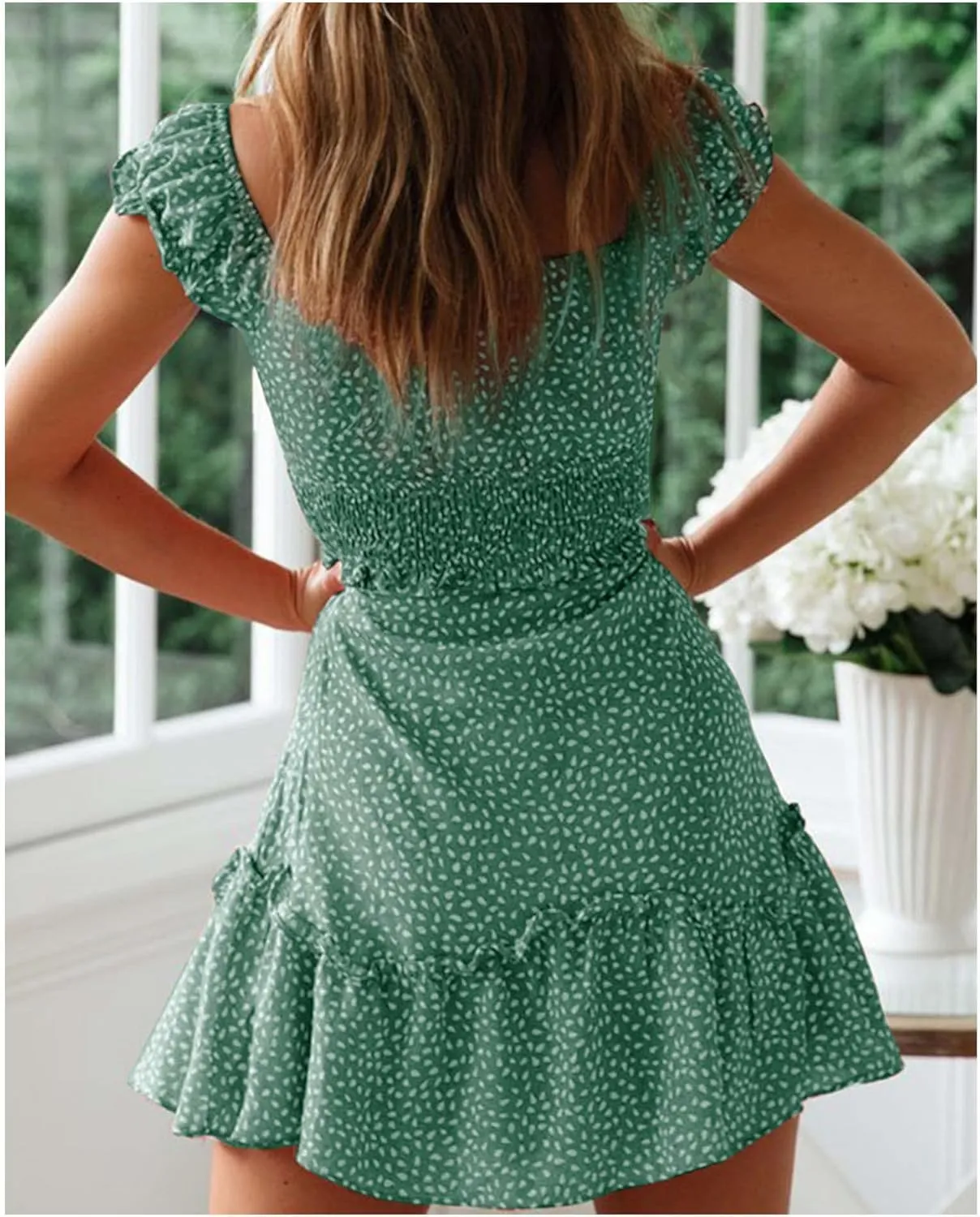 SOMTHRON Women's Summer Sweetheart Neckline Mini Dress Ruffle Short Sleeve Smocked Floral Printing A-Line Dresses